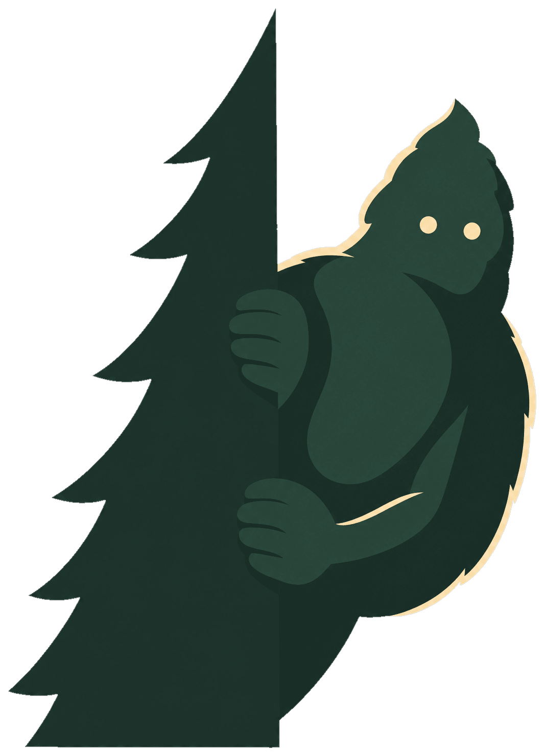 Sasquatch peeking out from behind a pine tree into the spotlight