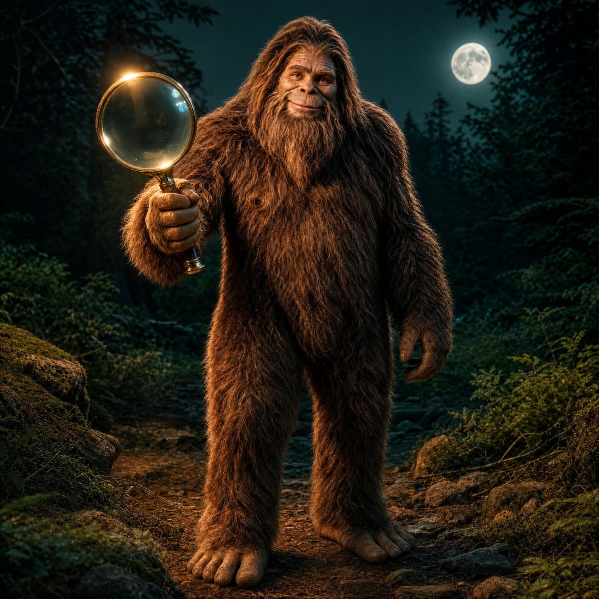 A sharp, unmistakable Sasquatch holding a glowing magnifying glass on a moonlit forest trail — finally spotted